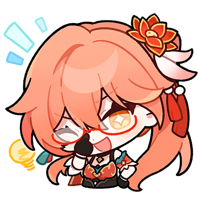 :d adjusting_eyewear bare_shoulders black_gloves chibi chinese_clothes english_commentary glasses gloves guinaifen_(honkai:_star_rail) hand_on_own_hip honkai:_star_rail honkai_(series) light_bulb long_hair looking_at_viewer lowres official_art open_mouth orange_hair red-framed_eyewear side_ponytail smile star-shaped_pupils star_(symbol) symbol-shaped_pupils transparent_background
