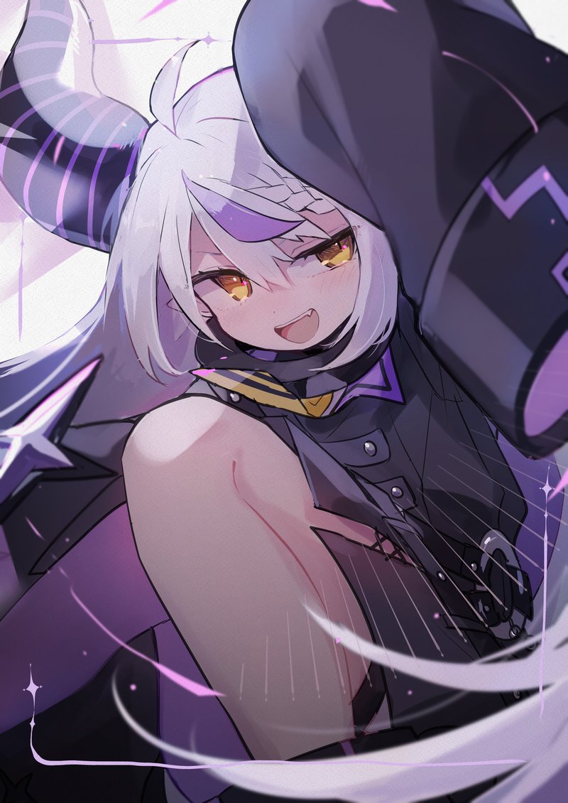 1girl ahoge black_horns braid braided_bangs collar grey_hair hololive horns la+_darknesss la+_darknesss_(1st_costume) long_hair looking_at_viewer metal_collar multicolored_hair open_mouth pointy_ears purple_hair smile solo streaked_hair striped_horns suuq1001 virtual_youtuber yellow_eyes