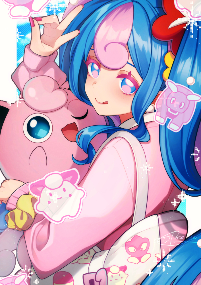 1girl bag blue_eyes blue_hair blue_sky bull_sprite_(pokemon) cardigan clefairy_sprite_(pokemon) closed_mouth clouds cloudy_sky commentary earrings fairy_miku_(project_voltage) fingernails flower from_behind hachimitsu_monte hair_flower hair_ornament hatsune_miku jewelry jigglypuff long_hair long_sleeves looking_back multicolored_hair nail_polish nose one_eye_closed open_mouth pink_cardigan pink_eyes pink_hair pink_lips pink_nails pink_theme poke_ball_print pokemon pokemon_(creature) project_voltage red_flower scrunchie shoulder_bag sky sleeves_past_wrists smile tongue tongue_out twintails two-tone_eyes two-tone_hair v vocaloid wrist_scrunchie yellow_flower yellow_scrunchie