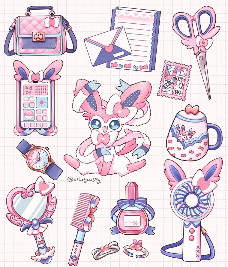 animal_print bag bow bowtie bracelet cellphone comb commentary_request cup electric_fan fang grid_background hair_ribbon hairband handbag jewelry lipstick mail makeup mirror mochopaccho no_humans open_mouth phone pink_bow pink_bowtie pokemon postage_stamp ribbon scissors simple_background stuffed_toy sylveon tail teacup teeth twitter_username watch watch white_background