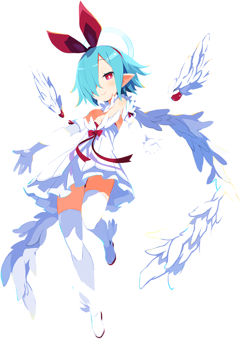 1girl asymmetrical_bangs blue_hair boots bow bright_pupils detached_wings disgaea disgaea_rpg dress elbow_gloves full_body gloves hair_bow hair_over_one_eye halo light_blue_hair mini_wings non-web_source official_art photoshop_(medium) pleinair pointy_ears red_eyes short_hair smile solo thigh-highs thigh_boots transparent_background white_dress white_gloves white_thighhighs white_wings wings