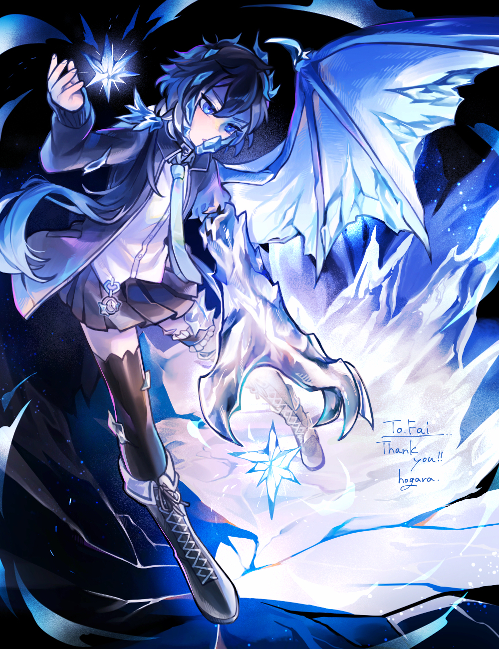 1girl artist_name black_footwear black_skirt black_thighhighs blue_background blue_eyes blue_hair blue_jacket blue_necktie boots claws commission cross-laced_footwear dragon_girl dragon_wings flying full_body hand_up highres hogara ice ice_crystal ice_shard jacket lace-up_boots long_hair long_sleeves looking_down low_ponytail necktie open_mouth original outdoors oversized_limbs pleated_skirt single_wing skeb_commission skirt solo thigh-highs very_long_hair white_hair wings