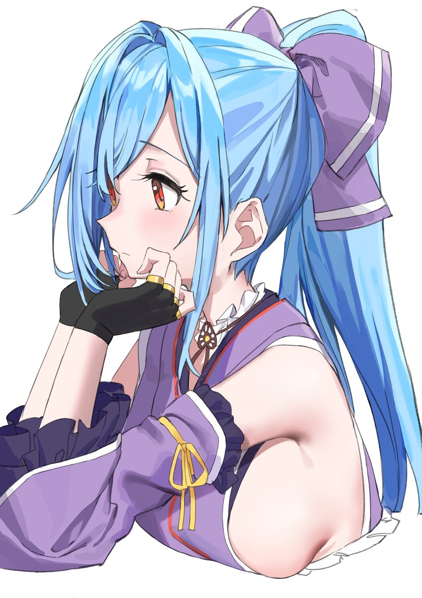 .live 1girl blue_hair bow breasts closed_mouth commentary_request detached_sleeves fingerless_gloves gloves hair_bow hair_ornament haruyuki_(gffewuoutgblubh) highres long_hair looking_to_the_side medium_breasts ponytail portrait red_eyes sideboob simple_background solo virtual_youtuber white_background yamato_iori