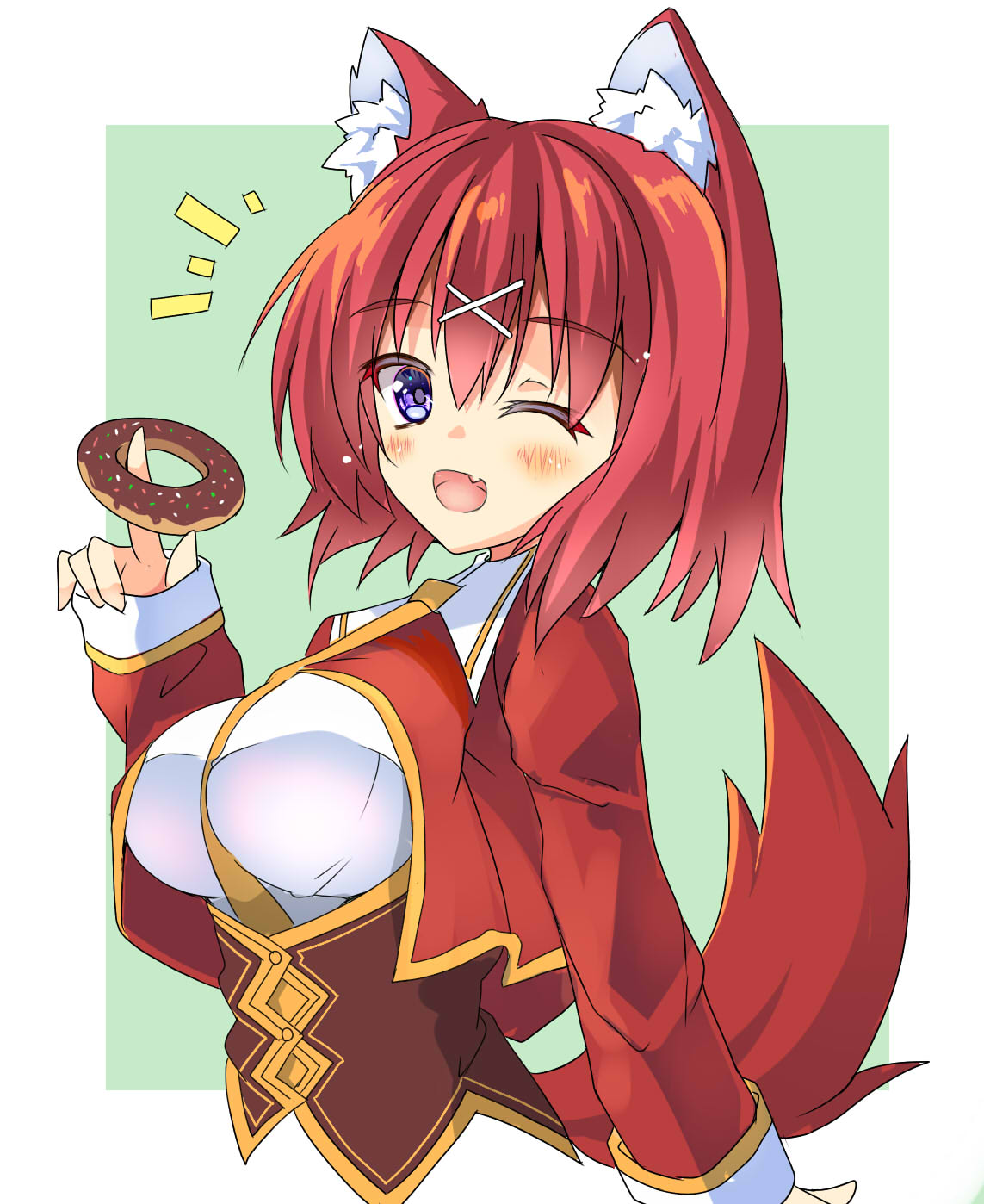 1girl ;d ahoge amairo_islenauts animal_ear_fluff animal_ears arm_at_side between_breasts blush border breasts chocolate_doughnut commentary cropped_jacket cropped_torso doughnut eyelashes fang food green_background hair_between_eyes hair_ornament happy highres holding holding_food index_finger_raised jacket large_breasts long_sleeves looking_at_viewer masaki_gaillard medium_hair necktie necktie_between_breasts notice_lines one_eye_closed open_mouth red_jacket redhead school_uniform shirt simple_background smile solo upper_body violet_eyes white_border white_shirt wolf_ears wolf_girl x_hair_ornament yellow_necktie yukichi_(nyarome-busters)
