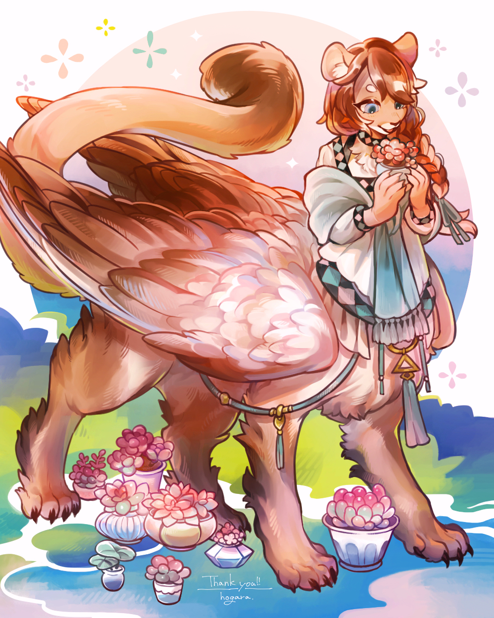 1girl animal_ear_fluff artist_name blue_eyes blue_sweater body_fur braid braided_ponytail brown_fur brown_hair brown_wings centauroid claws commission feathered_wings flower full_body furry furry_female grass hair_over_shoulder hands_up highres hogara holding holding_plant long_hair long_sleeves looking_at_object open_mouth original outdoors panther_ears panther_girl panther_tail pink_background plant potted_plant short_eyebrows skeb_commission solo standing succulent_plant sweater taur white_background wings