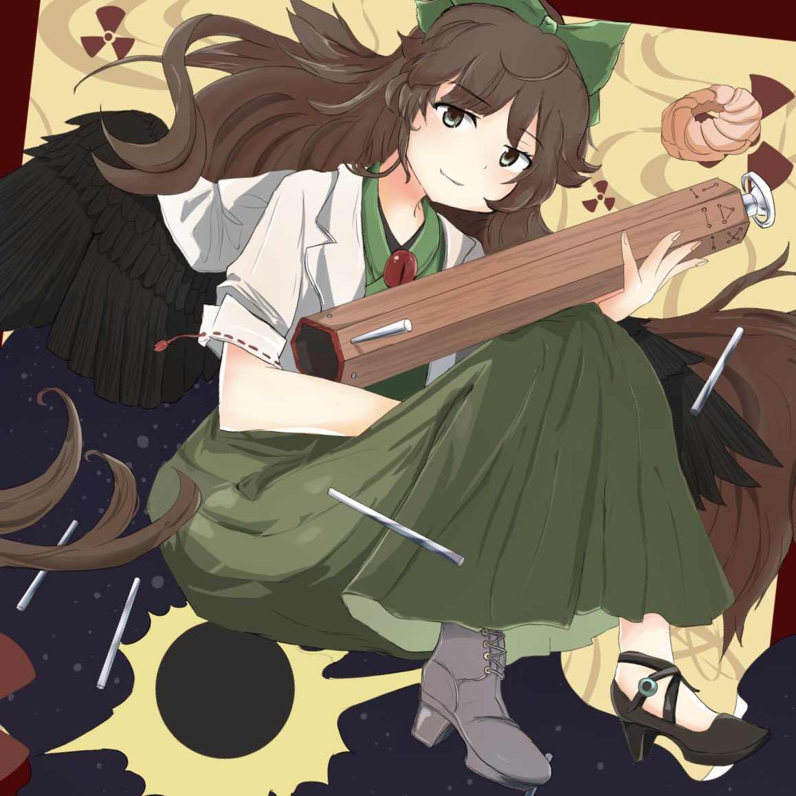 1girl arm_cannon asymmetrical_footwear bird_wings black_footwear black_wings bow brown_hair cannon closed_mouth commentary_request green_bow green_eyes green_skirt hair_bow high_heels long_hair looking_at_viewer mismatched_footwear morizou_shi radiation_symbol reiuji_utsuho short_sleeves skirt solo third_eye touhou very_long_hair weapon wings yellow_background
