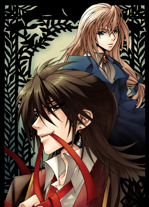 2boys ascot bishounen black_border blonde_hair blue_bow blue_coat blue_eyes border bow brown_eyes brown_hair brown_jacket coat collared_shirt commentary dangle_earrings earrings eguana expressionless facing_to_the_side fang foliage green_background hair_bow jacket jewelry leaf long_coat long_hair looking_at_viewer male_focus mouth_hold multiple_boys original red_ribbon ribbon ribbon_in_mouth serious shirt smile standing vampire white_ascot white_shirt