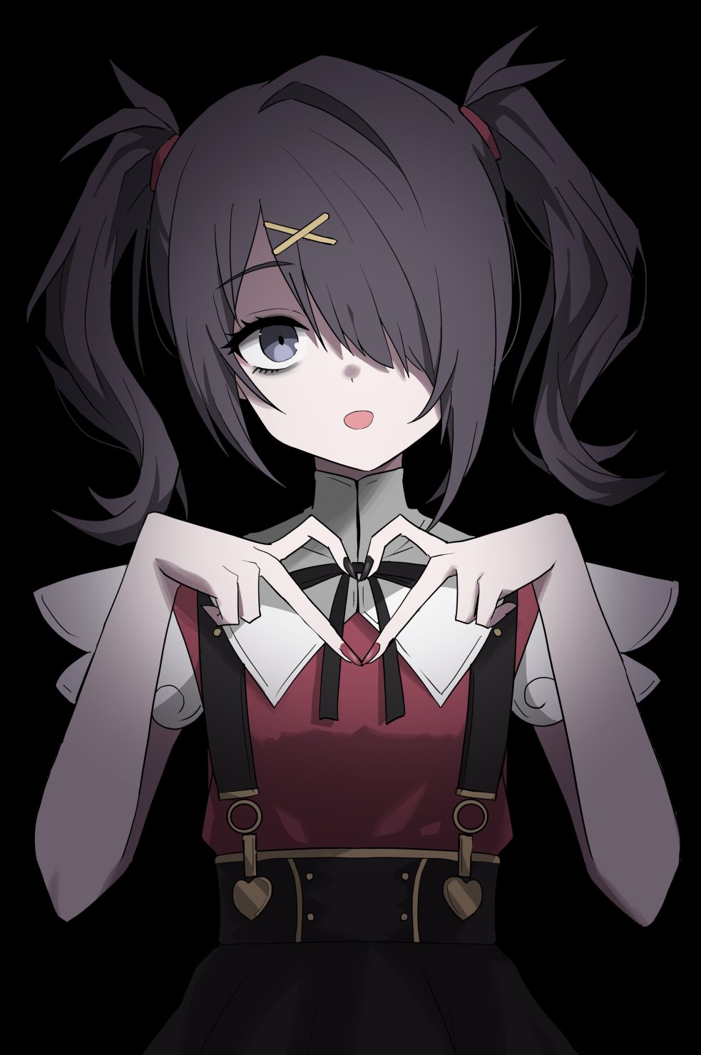 1girl ame-chan_(needy_girl_overdose) bags_under_eyes black_background black_hair black_nails black_ribbon black_skirt blue_eyes collared_shirt hair_ornament hair_over_one_eye hair_tie hairclip halulu hands_up heart heart_hands highres long_hair looking_at_viewer multicolored_nails nail_polish neck_ribbon needy_girl_overdose open_mouth red_nails red_shirt ribbon shirt shirt_tucked_in skirt smile solo suspender_skirt suspenders twintails x_hair_ornament