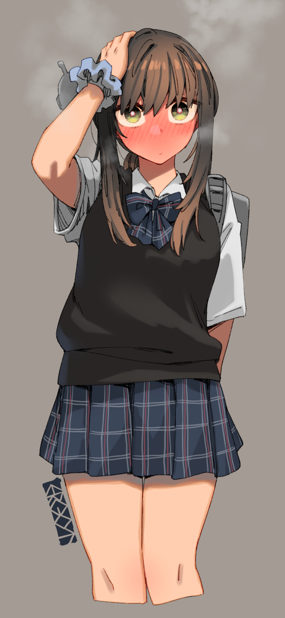 1girl artist_logo artist_name backpack bag black_vest blue_bow blue_bowtie blue_scrunchie blue_skirt blush bow bowtie brown_hair closed_mouth collared_shirt cropped_legs ergot feet_out_of_frame fubuki_(kancolle) green_eyes grey_background highres kantai_collection looking_at_viewer pleated_skirt school_uniform scrunchie shirt short_hair short_sleeves simple_background skirt solo vest white_shirt wrist_scrunchie