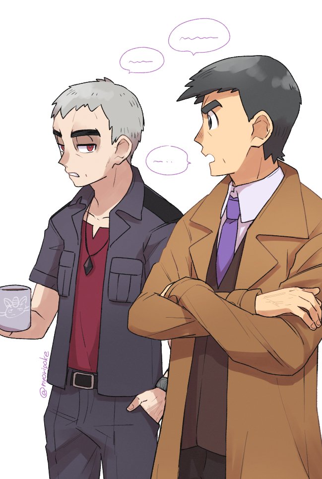 2boys belt black_hair black_jacket brown_coat brown_vest clenched_teeth coat collared_shirt commentary_request crossed_arms cup grey_hair hand_in_pocket holding holding_cup jacket long_sleeves looker_(pokemon) male_focus mug multiple_boys nanu_(pokemon) necktie nyoripoke open_clothes open_coat open_jacket open_mouth pants pokemon pokemon_(game) pokemon_sm purple_necktie red_eyes red_shirt shirt short_hair short_sleeves speech_bubble teeth twitter_username vest white_background white_shirt