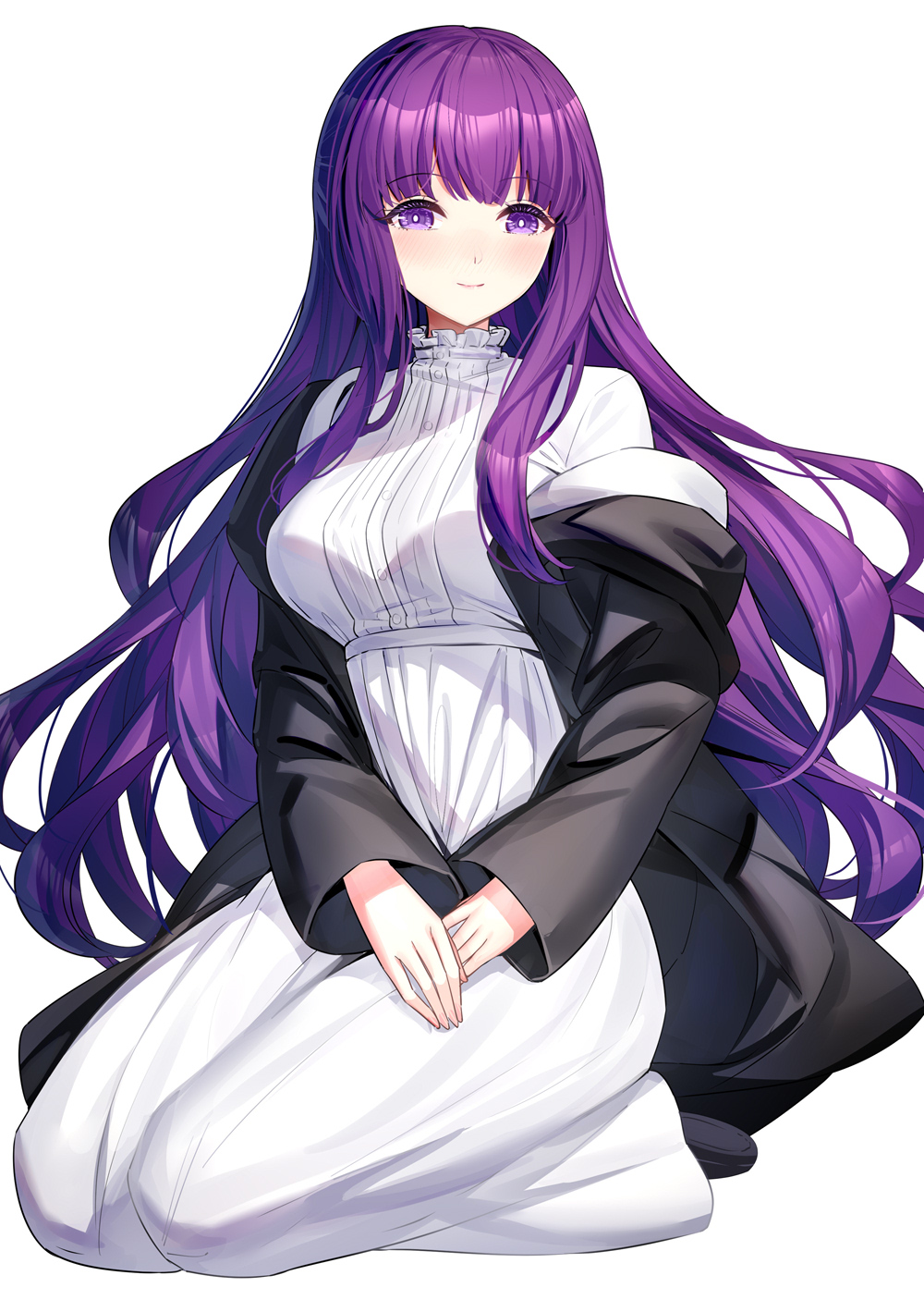 1girl black_jacket breasts closed_mouth commentary_request dress fern_(sousou_no_frieren) full_body highres jacket long_hair long_sleeves looking_at_viewer medium_breasts off_shoulder open_clothes open_jacket own_hands_together purple_hair ririko_(zhuoyandesailaer) seiza simple_background sitting smile solo sousou_no_frieren very_long_hair violet_eyes white_background white_dress wide_sleeves