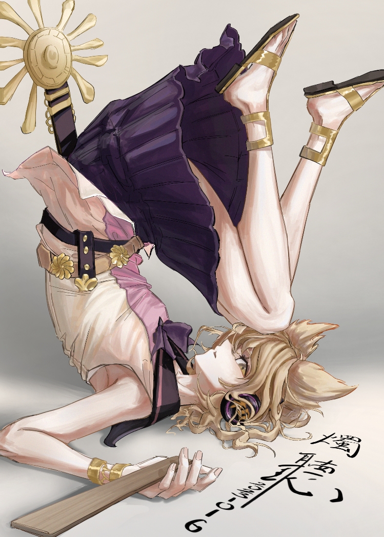 anklet belt black_belt black_sailor_collar blonde_hair bracelet breasts commentary_request earmuffs gold jewelry light_brown_hair pointy_hair purple_skirt ritual_baton sailor_collar sandals shirt short_hair skirt sleeveless sleeveless_shirt small_breasts touhou toyosatomimi_no_miko yellow_eyes zhu_ting