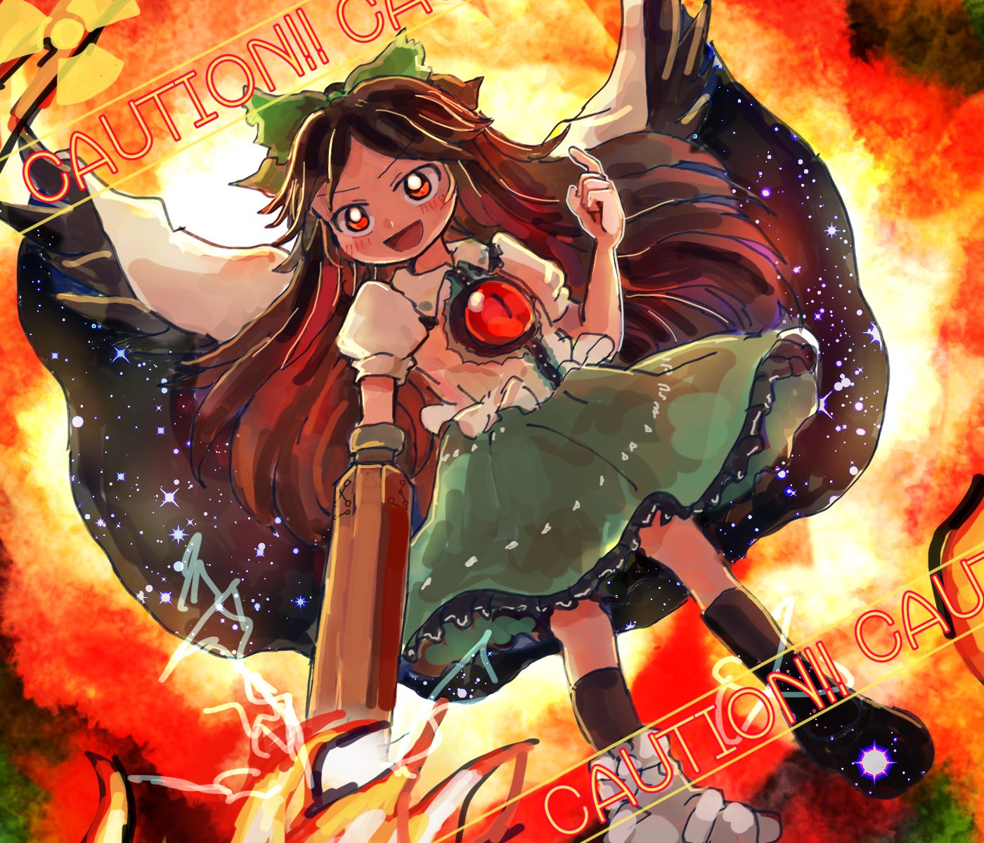 1girl :d arm_cannon asymmetrical_footwear bird_girl bird_wings black_socks black_wings bow bright_pupils brown_hair cape caution commentary_request explosion full_body green_bwo green_skirt hair_bow highres long_hair looking_at_viewer mismatched_footwear open_mouth red_eyes reiuji_utsuho rome35793562 short_sleeves skirt smile socks solo third_eye_on_chest touhou weapon white_cape white_pupils wings