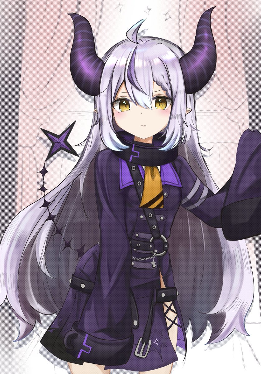 ahoge ascot black_horns braid braided_bangs collar hamura highres hololive horns la+_darknesss metal_collar multicolored_hair pointy_ears purple_hair sleeves_past_fingers sleeves_past_wrists streaked_hair striped_horns tail virtual_youtuber yellow_ascot yellow_eyes