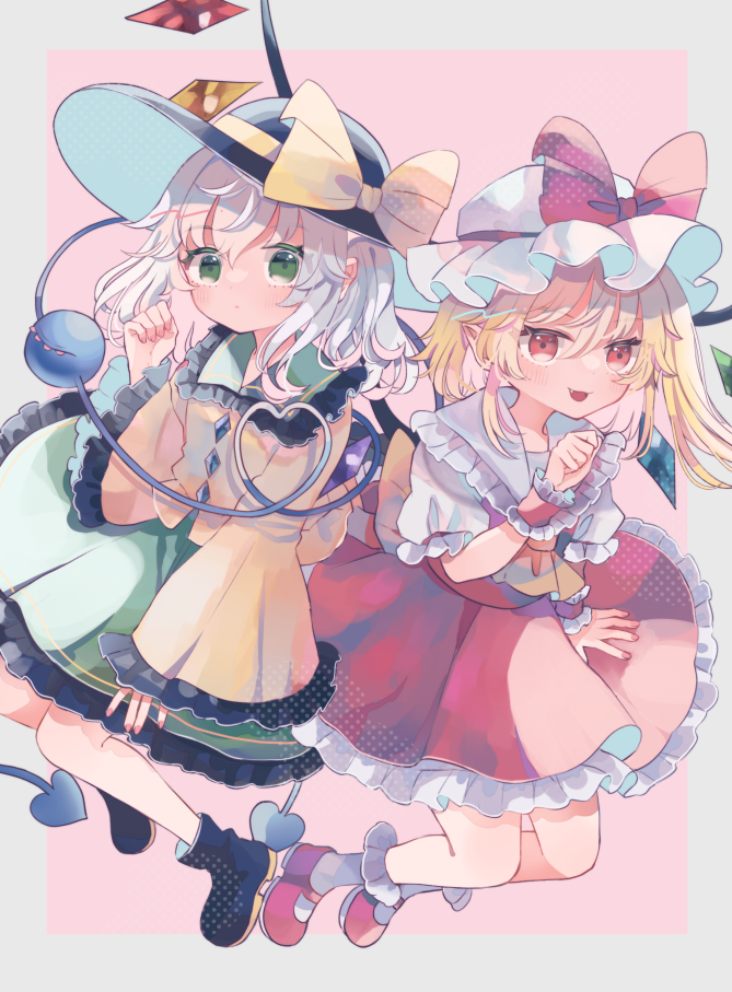 2girls ascot black_headwear blonde_hair bow buttons commentary_request crystal diamond_button fang flandre_scarlet frilled_shirt_collar frilled_sleeves frills green_skirt hat hat_bow hat_ribbon heart heart_of_string hiyuu_(hiyualice) komeiji_koishi mob_cap multicolored_wings multiple_girls one_side_up puffy_short_sleeves puffy_sleeves red_eyes red_skirt ribbon shirt short_sleeves skirt third_eye touhou wide_sleeves wings yellow_ascot yellow_ribbon yellow_shirt