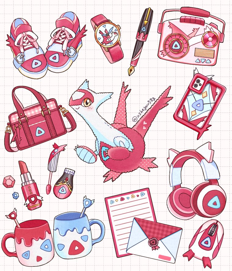 animal_print bag cellphone commentary_request cup gem grid_background handbag headphones latias lipstick makeup mochopaccho mouse_(computer) pen phone pokemon postcard radio red_footwear shoelaces shoes simple_background sneakers stuffed_toy twitter_username watch watch white_background