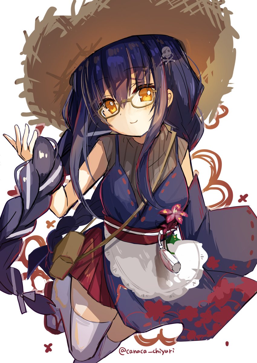 1girl alternate_costume alternate_hairstyle apron bespectacled black_dress black_hair blush braid braided_ponytail canaca_chiyuri closed_mouth commentary_request detached_sleeves dress eyelashes eyes_visible_through_hair floral_print flower foot_out_of_frame frilled_apron frills glasses grey_shirt hair_between_eyes hat head_tilt highres holding holding_hair kushima_kamome long_hair looking_at_viewer miniskirt pleated_skirt red_flower red_skirt sandals shirt sidelocks simple_background single_sleeve skirt skull_and_crossbones sleeveless sleeveless_dress sleeveless_shirt smile solo standing standing_on_one_leg straw_hat summer_pockets thigh-highs twitter_username very_long_hair white_apron white_background white_thighhighs wide_sleeves yellow-framed_eyewear yellow_eyes zettai_ryouiki