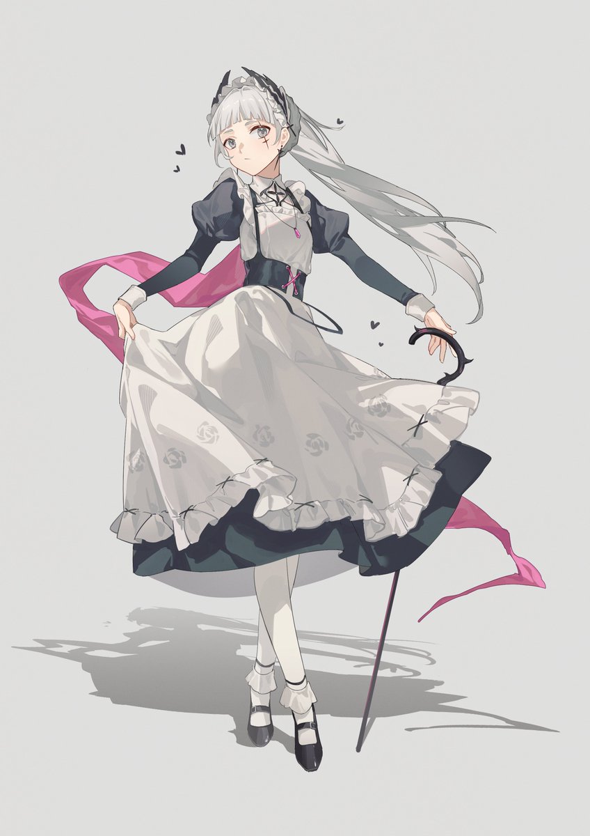 1girl alternate_costume apron arknights black_dress black_footwear cane clothes_lift commentary dress earrings enmaided feather_hair frown full_body grey_background grey_eyes heart highres holding holding_cane irene_(arknights) irene_(voyage_of_feathers)_(arknights) jewelry lai_dou_laile_555 long_sleeves maid official_alternate_costume ponytail puffy_sleeves scar scar_across_eye shadow simple_background skirt skirt_lift socks solo white_apron white_hair white_socks