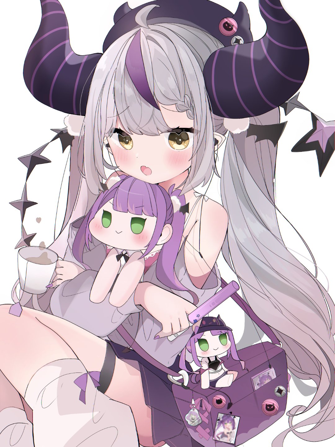 bare_shoulders black_horns braid braided_bangs character_doll cup fake_horns fang hair_wings highres holding holding_cup hololive horned_headwear horns la+_darknesss multicolored_hair nail_polish nocchi_(r_ws2l) pointy_ears purple_hair skin_fang streaked_hair striped_horns tokoyami_towa virtual_youtuber yellow_eyes