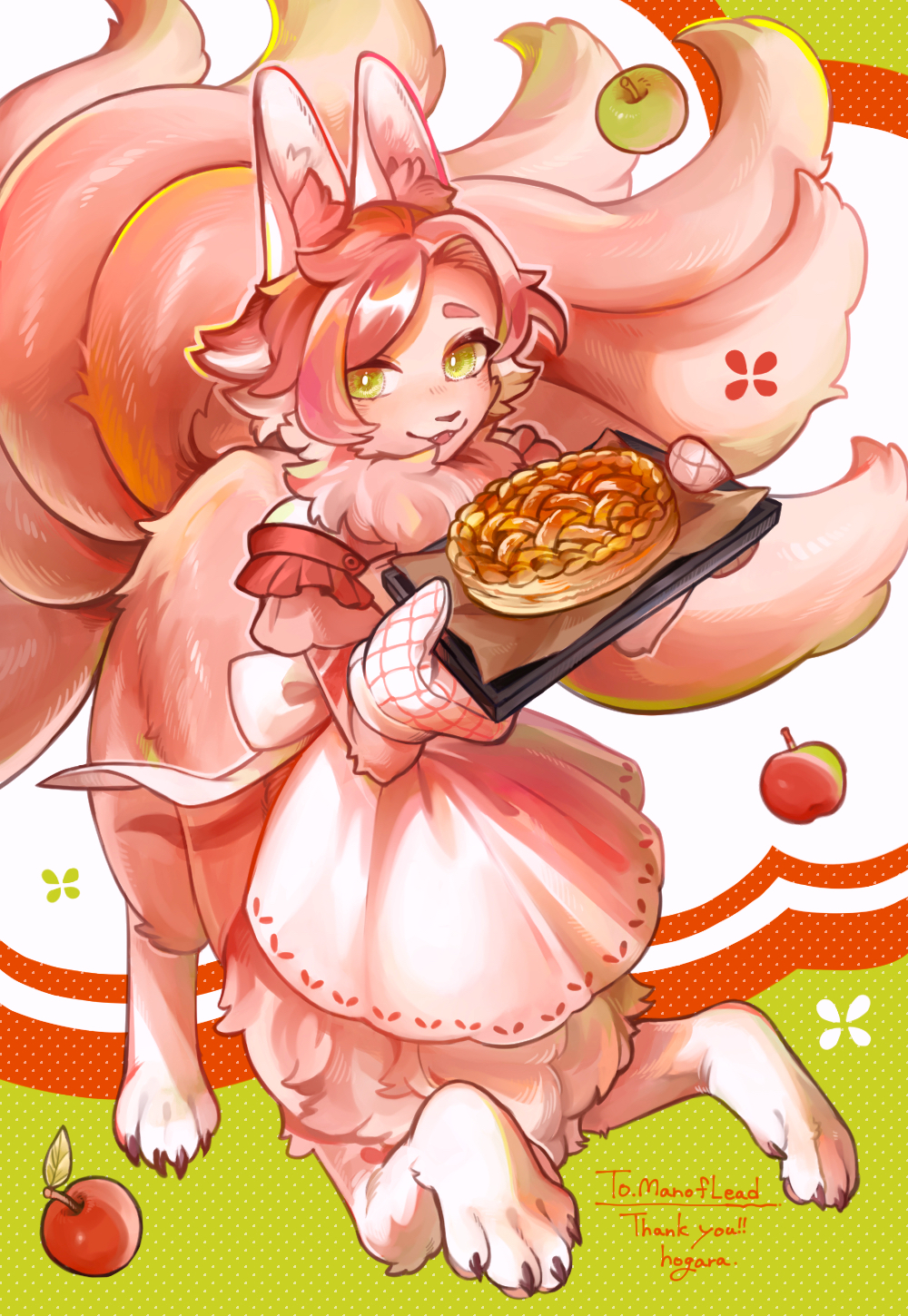 1girl :3 animal_ears apple apron artist_name body_fur bow bright_pupils centauroid claws commission fangs food fox_ears fox_girl fox_tail frilled_sleeves frills fruit full_body furry furry_female green_background green_eyes hands_up highres hogara holding holding_tray kitsune kyuubi looking_at_viewer multicolored_background multicolored_hair multiple_tails neck_fur open_mouth original oven_mitts pie pink_fur pink_hair short_hair skeb_commission solo streaked_hair tail taur tray waist_apron waist_bow white_background white_hair white_pupils