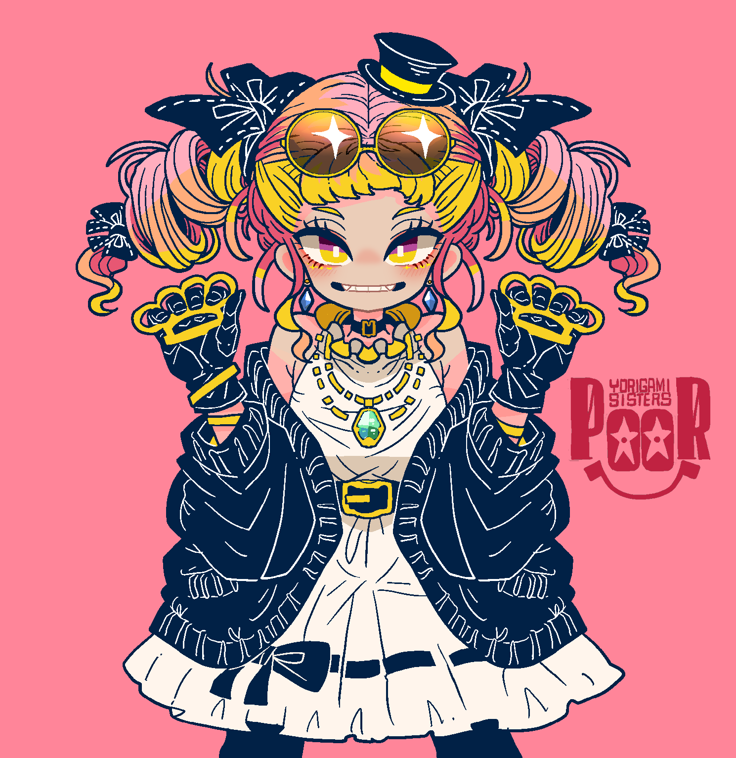 1girl bare_shoulders belt black_collar brass_knuckles collar dress drill_hair earrings english_text eyelashes fangs gloves hat highres jacket jewelry mini_hat mini_top_hat necklace pink_background ribbon simple_background smile solo sunglasses top_hat touhou weapon yorigami_jo'on yt_(wai-tei)