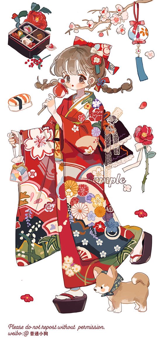 1girl :o bento blush_stickers bow braid branch brown_bow brown_eyes brown_footwear brown_hair candy_apple cherry_blossoms commentary commission english_commentary english_text floral_print flower food full_body geta hair_bow hair_flower hair_ornament hanging_lantern holding holding_food japanese_clothes kimono long_hair long_sleeves low_twin_braids multiple_hair_bows open_mouth original putong_xiao_gou red_bow red_flower red_kimono sample_watermark shiba_inu socks solo sushi tabi twin_braids watermark weibo_username white_background white_bow white_socks wide_sleeves yukata
