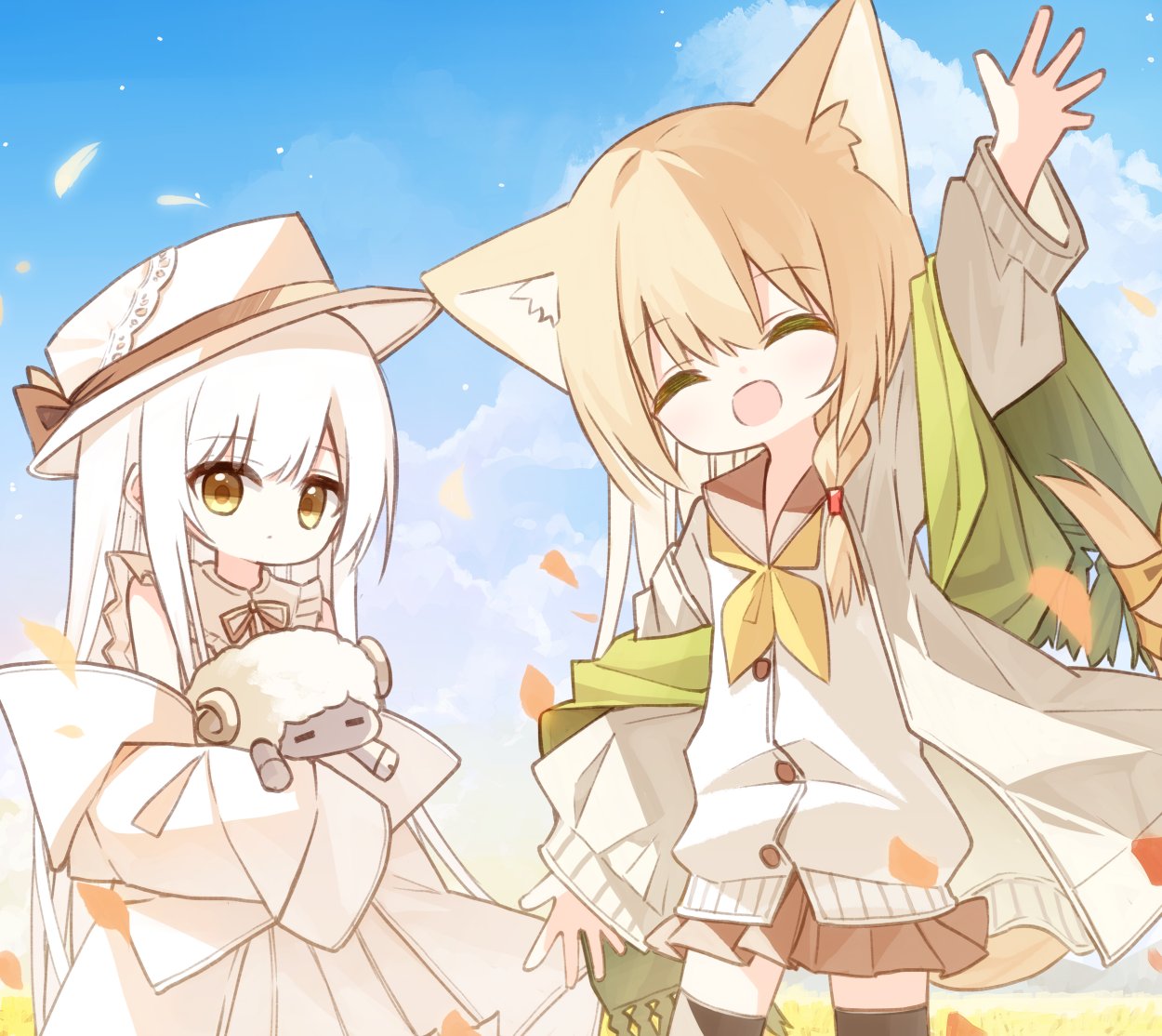 2girls :d ^_^ animal_ear_fluff animal_ears blonde_hair blue_sky brown_eyes brown_sailor_collar brown_skirt bunny_girl_(yuuhagi_(amaretto-no-natsu)) closed_eyes closed_mouth clouds commentary_request day dress hair_between_eyes hugging_object jacket long_hair long_sleeves multiple_girls neckerchief open_clothes open_jacket original outdoors petals pleated_skirt puffy_long_sleeves puffy_sleeves sailor_collar shirt skirt sky sleeves_past_fingers sleeves_past_wrists smile stuffed_animal stuffed_sheep stuffed_toy very_long_hair waka_(yuuhagi_(amaretto-no-natsu)) white_dress white_hair white_headwear white_jacket white_shirt yellow_neckerchief yuuhagi_(amaretto-no-natsu)