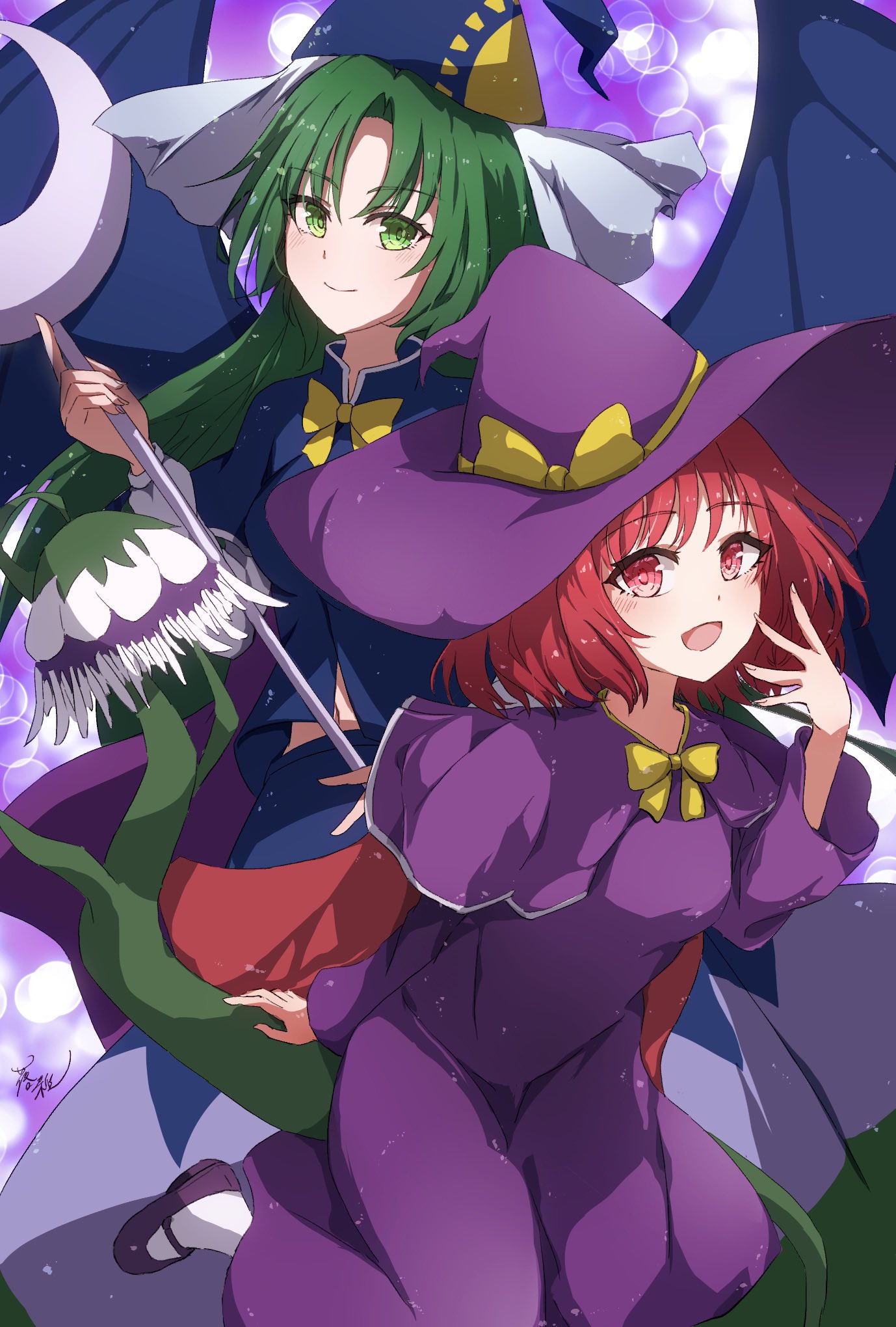 2girls :d blue_capelet blue_headwear blue_skirt blue_vest blue_wings bow bowtie capelet commentary_request demon_wings dress flower green_eyes green_hair hat hat_bow hat_ribbon highres holding holding_staff juliet_sleeves kirisame_marisa kirisame_marisa_(pc-98) long_hair long_sleeves mary_janes medium_hair midriff mima_(touhou) multiple_girls navel parted_bangs puffy_sleeves purple_capelet purple_dress purple_footwear purple_headwear rakuza_(ziware30) red_eyes redhead ribbon shoes skirt smile socks staff story_of_eastern_wonderland touhou touhou_(pc-98) very_long_hair vest white_ribbon white_socks wings witch witch_hat wizard_hat yellow_bow