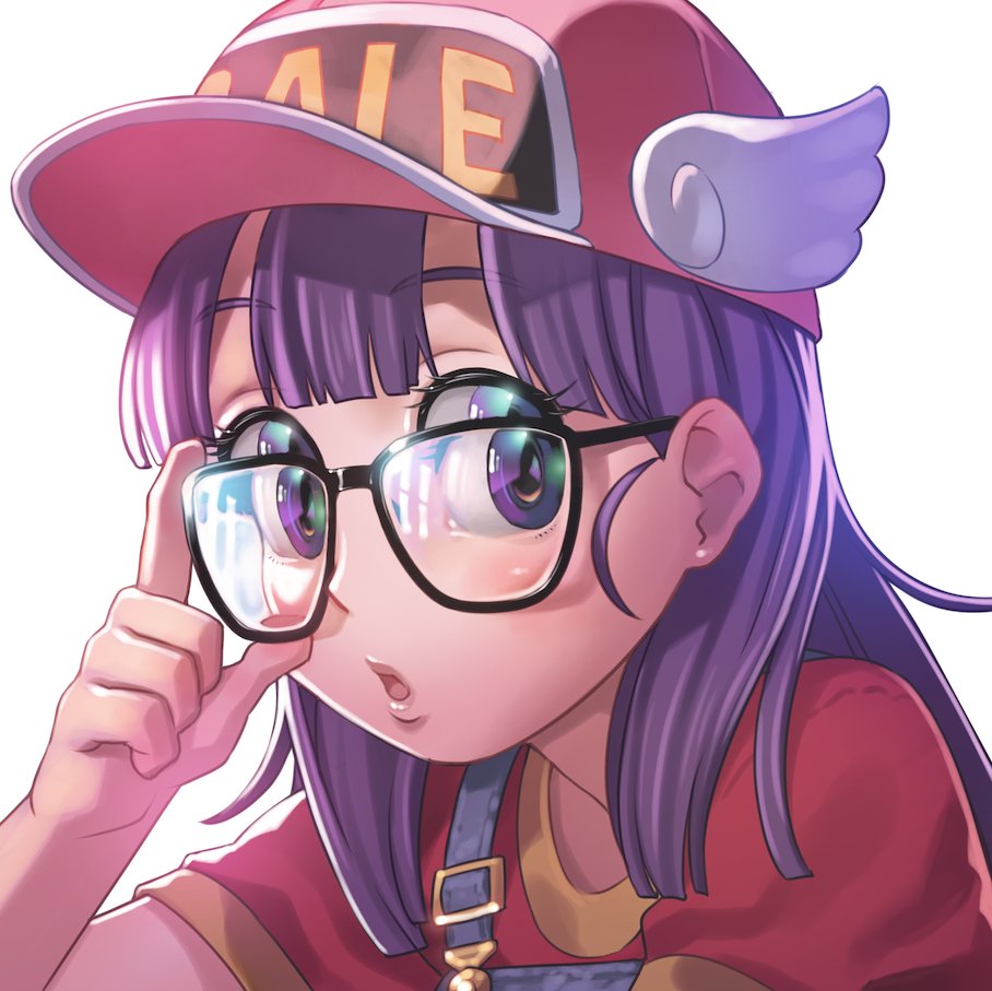 1girl baseball_cap dr._slump glasses hat long_hair looking_at_viewer norimaki_arale ogata_kouji open_mouth overalls purple_hair shirt short_sleeves simple_background solo violet_eyes white_background winged_hat