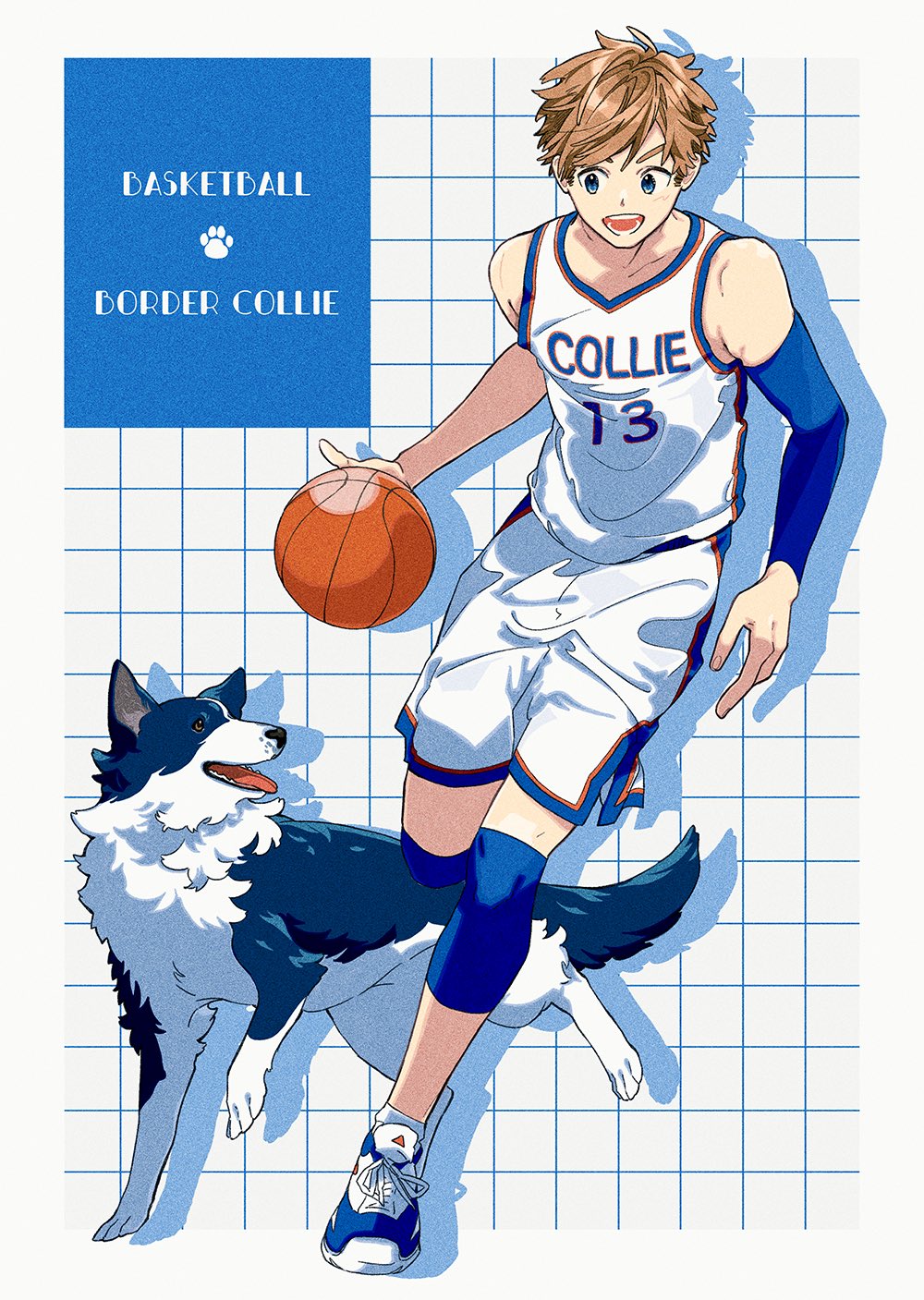 1boy animal ankle_socks ball basketball_(object) basketball_jersey basketball_sleeve blue_eyes blue_footwear border_collie brown_hair dog drop_shadow english_text highres holding holding_ball jersey keishin knee_pads male_focus open_mouth original short_hair shorts simple_background smile socks solo sportswear toned toned_male white_shorts