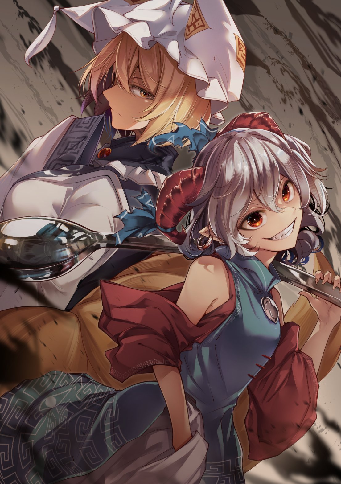 2girls blonde_hair blue_dress commentary_request curled_horns dress grey_hair hat highres holding holding_spoon horns midori_(misuriru8) mob_cap multiple_girls oversized_object pointy_ears red_eyes red_horns red_sleeves short_hair spoon touhou toutetsu_yuuma white_dress white_headwear yakumo_ran