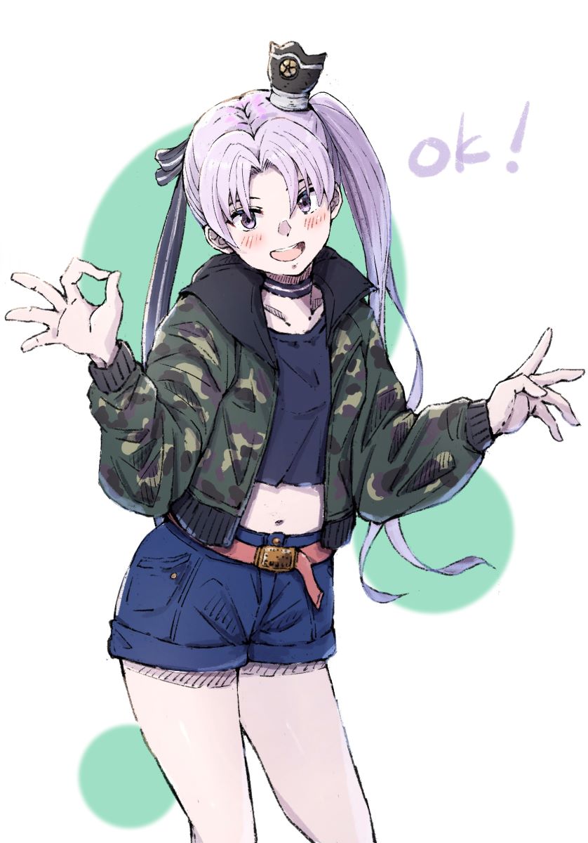 1girl akitsushima_(kancolle) blue_shorts camouflage camouflage_jacket choker crop_top hair_ribbon hat highres jacket kantai_collection ld_(luna_dial398) long_hair looking_at_viewer mini_hat ok_sign open_clothes open_jacket open_mouth ponytail purple_hair ribbon shorts side_ponytail solo violet_eyes