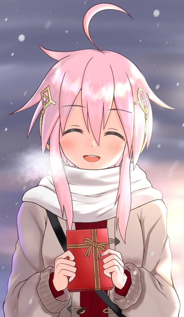 1girl ahoge blush box breath brown_jacket chocolate closed_eyes commentary fudou_yukimitsu_(tenka_hyakken) gift gift_box goririnmaru hair_ornament highres holding holding_gift jacket long_sleeves open_clothes open_jacket open_mouth pink_hair scarf short_hair_with_long_locks smile snowing solo teeth tenka_hyakken upper_body upper_teeth_only valentine white_scarf winter winter_clothes