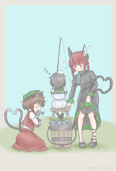 3girls aosiro-michi blue_background braid brown_hair cat_tail chen clothes_lift facing_away fish fishing fishing_rod food_in_mouth from_side green_headwear hat heart heart_tail kaenbyou_rin kneeling mob_cap mouth_hold multiple_girls multiple_tails murasa_minamitsu profile red_eyes red_skirt red_vest redhead short_hair simple_background skirt skirt_lift skirt_set sparkle tail touhou twin_braids two_tails vest zzz