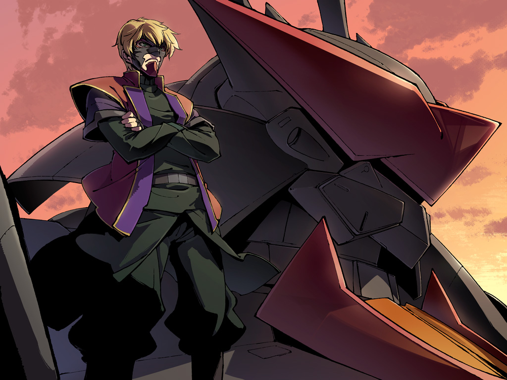 armor baggy_pants black_armor black_cape black_mask black_pants black_shirt blonde_hair cape closed_mouth commentary_request crossed_arms feet_out_of_frame green_eyes gun_zi_(i&amp;eyes) gundam gundam_00 jacket japanese_clothes kataginu long_sleeves looking_ahead masurao_(gundam) mister_bushido mobile_suit orange_sky pants red_jacket science_fiction shirt sky sleeveless sleeveless_jacket standing sunset v-fin waist_cape