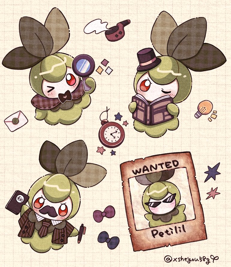 animal_focus black_bow black_bowtie blush book bow bowtie clock colored_skin commentary_request english_text fake_facial_hair fake_mustache green_skin grid_background hat holding holding_pen leaf light_bulb magnifying_glass mail mochopaccho multiple_views no_humans one_eye_closed pen petilil pokemon pokemon_(creature) reading red_bow red_bowtie simple_background smoke sunglasses top_hat twitter_username white_skin yellow_background