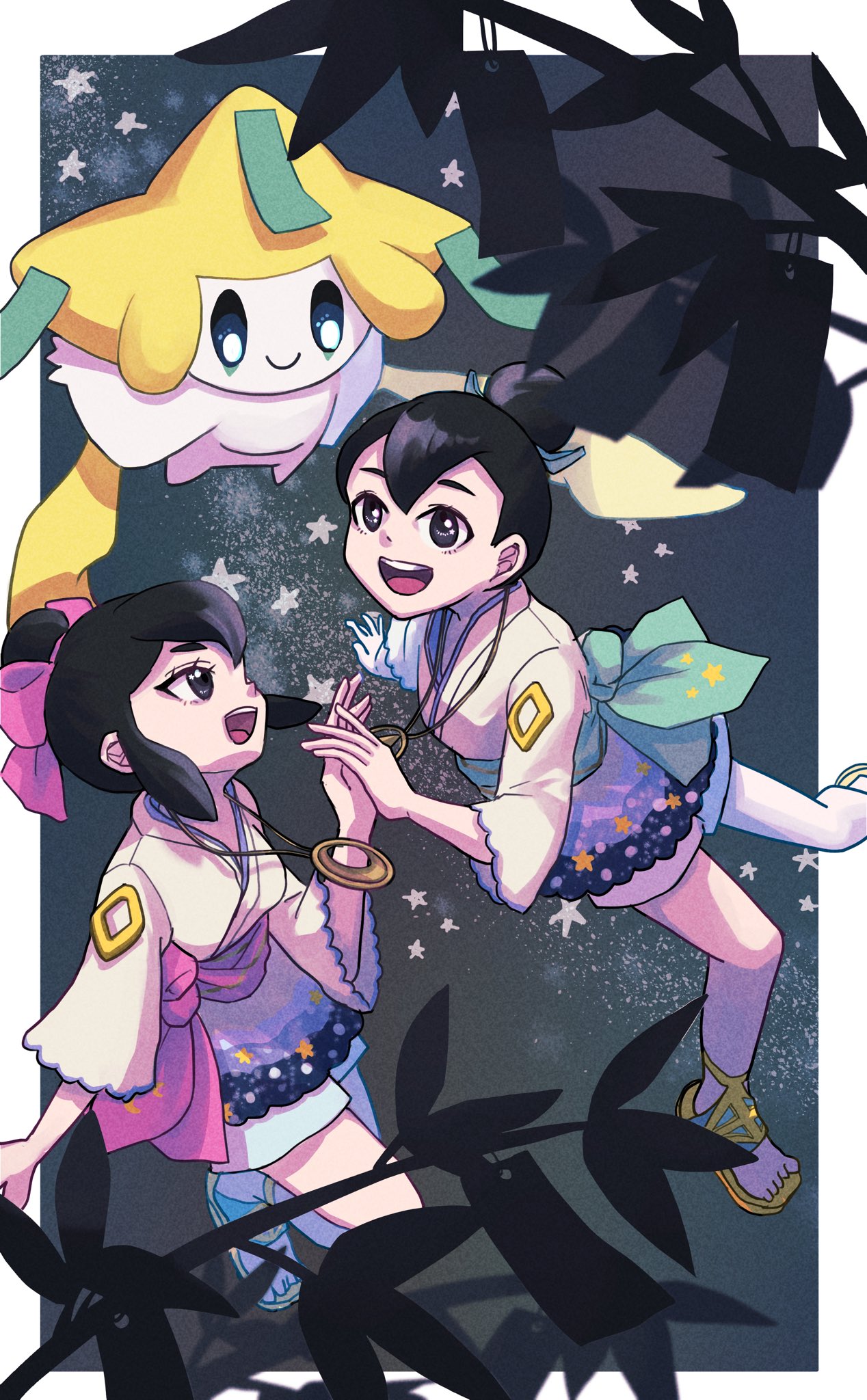 1boy 1girl black_eyes black_hair bow bowtie breasts brother_and_sister colored_skin commentary_request facial_mark floating frilled_kimono frills galaxy green_sash hair_bun highres holding_hands japanese_clothes jewelry jirachi kimono leaf liza_(pokemon) nastar_r0 necklace night night_sky open_mouth pink_bow pink_bowtie pink_sash pokemon pokemon_(creature) pokemon_(game) pokemon_rse sandals sash short_hair siblings silhouette sky small_breasts smile solid_oval_eyes star_(symbol) tanzaku tate_(pokemon) teeth upper_teeth_only white_kimono white_skin