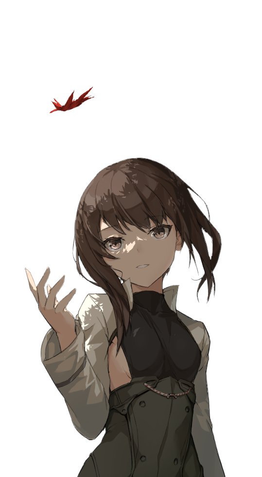 1girl armpit_cutout breasts brown_eyes brown_hair clothing_cutout hair_between_eyes kantai_collection leaf long_sleeves parted_lips short_hair short_hair_with_long_locks simple_background small_breasts solo taihou_(kancolle) tsukira_(amayadori) upper_body white_background
