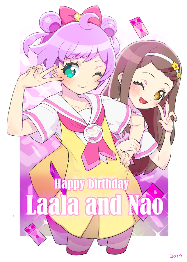 2girls ;d ahoge aqua_eyes birthday_connection blush bow brown_eyes brown_hair character_name collared_shirt commentary_request cropped_legs double_bun dress ehime_nao hair_bow hair_bun hairband hand_on_own_hip hand_up happy_birthday leaning_to_the_side long_hair looking_at_viewer manaka_laala moudoku_(decopon3rd) multiple_girls neckerchief one_eye_closed open_mouth paprika_private_academy_school_uniform pink_bow pink_neckerchief pretty_(series) pripara priticket purple_hair sailor_collar school_uniform shirt short_dress short_hair short_sleeves smile sparkle standing v_over_eye white_sailor_collar white_shirt yellow_dress