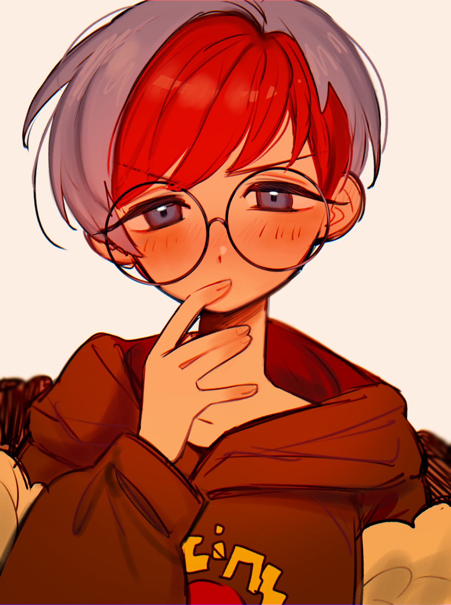 1girl blush commentary_request covering_mouth glasses grey_eyes hand_up highres hood hoodie long_sleeves looking_at_viewer multicolored_hair penny_(pokemon) pokemon pokemon_(game) pokemon_sv redhead round_eyewear short_hair sketch solo tisanntisyou two-tone_hair upper_body white_background