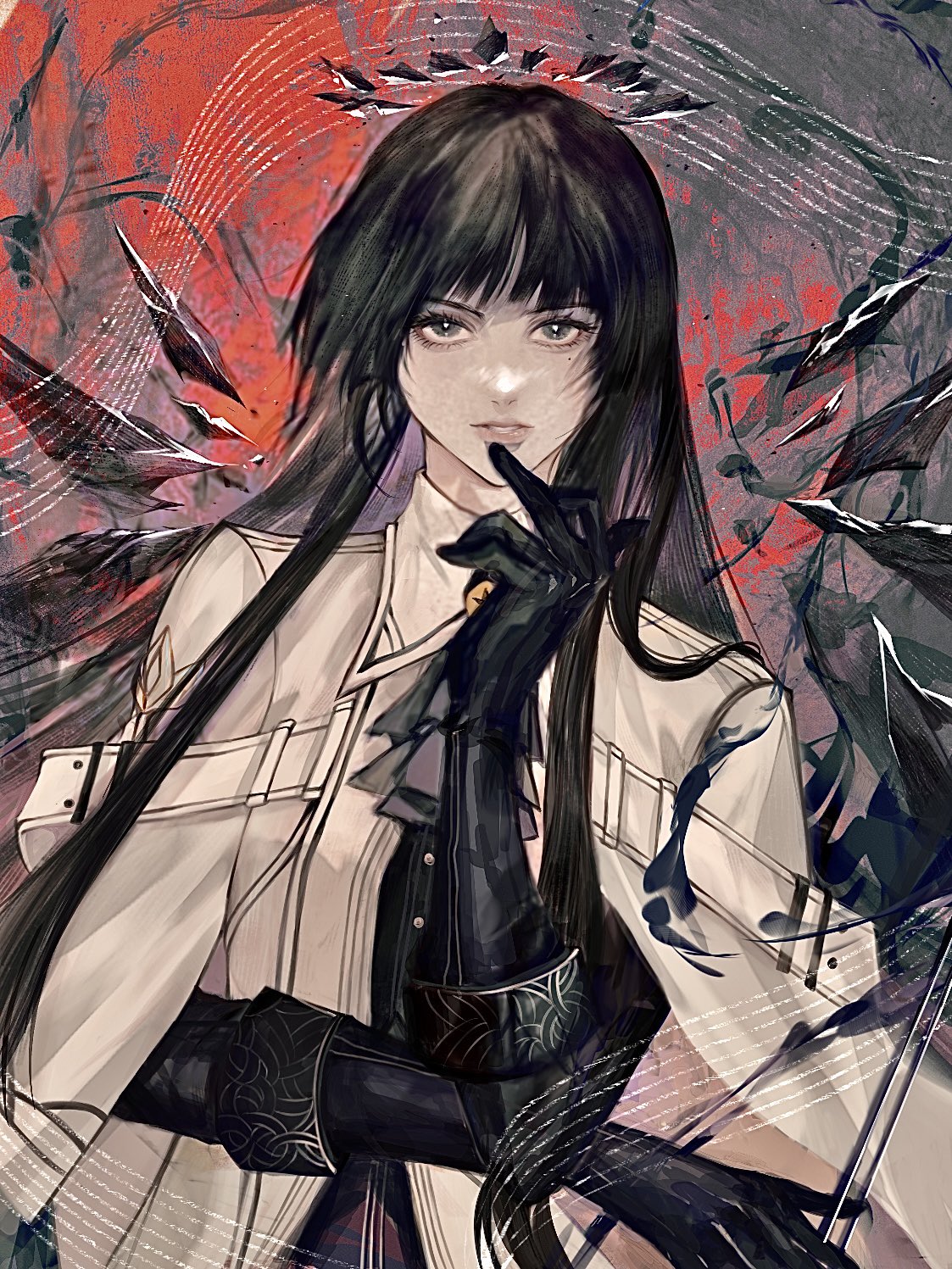 1girl abstract_background arknights ascot belt belt_buckle black_bustier black_eyes black_gloves black_hair black_halo black_wings blunt_bangs bow_(music) breasts broken_halo buckle bustier buttons chinese_commentary collared_jacket commentary_request dark_halo detached_wings dress_shirt emilylao1130 energy_wings expressionless eyelashes finger_to_mouth gloves grey_ascot grey_shirt halo hands_up highres hime_cut holding holding_bow_(music) jacket layered_sleeves lips long_hair long_sleeves looking_at_viewer mole mole_under_eye originium_arts_(arknights) outstretched_hand pale_skin parted_lips realistic red_background shade shirt short_over_long_sleeves short_sleeves sidelocks solo staff_(music) staring teeth upper_body very_long_hair virtuosa_(arknights) white_belt white_jacket wide_sleeves wing_collar wings
