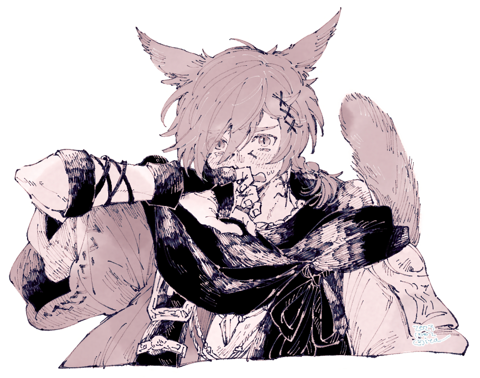 1boy animal_ears black_scarf blush braid braided_ponytail brown_eyes brown_hair brown_jacket cat_boy cat_ears cat_tail commentary cropped_torso dated facial_mark final_fantasy final_fantasy_xiv g'raha_tia hair_between_eyes hair_ornament hand_on_own_face hatching_(texture) itowff14 jacket jewelry looking_at_viewer male_focus miqo'te monochrome neck_tattoo open_mouth pendant scarf short_hair short_ponytail shoulder_belt signature simple_background single_braid slit_pupils solo sweat swept_bangs tail tail_raised tattoo upper_body white_background x_hair_ornament