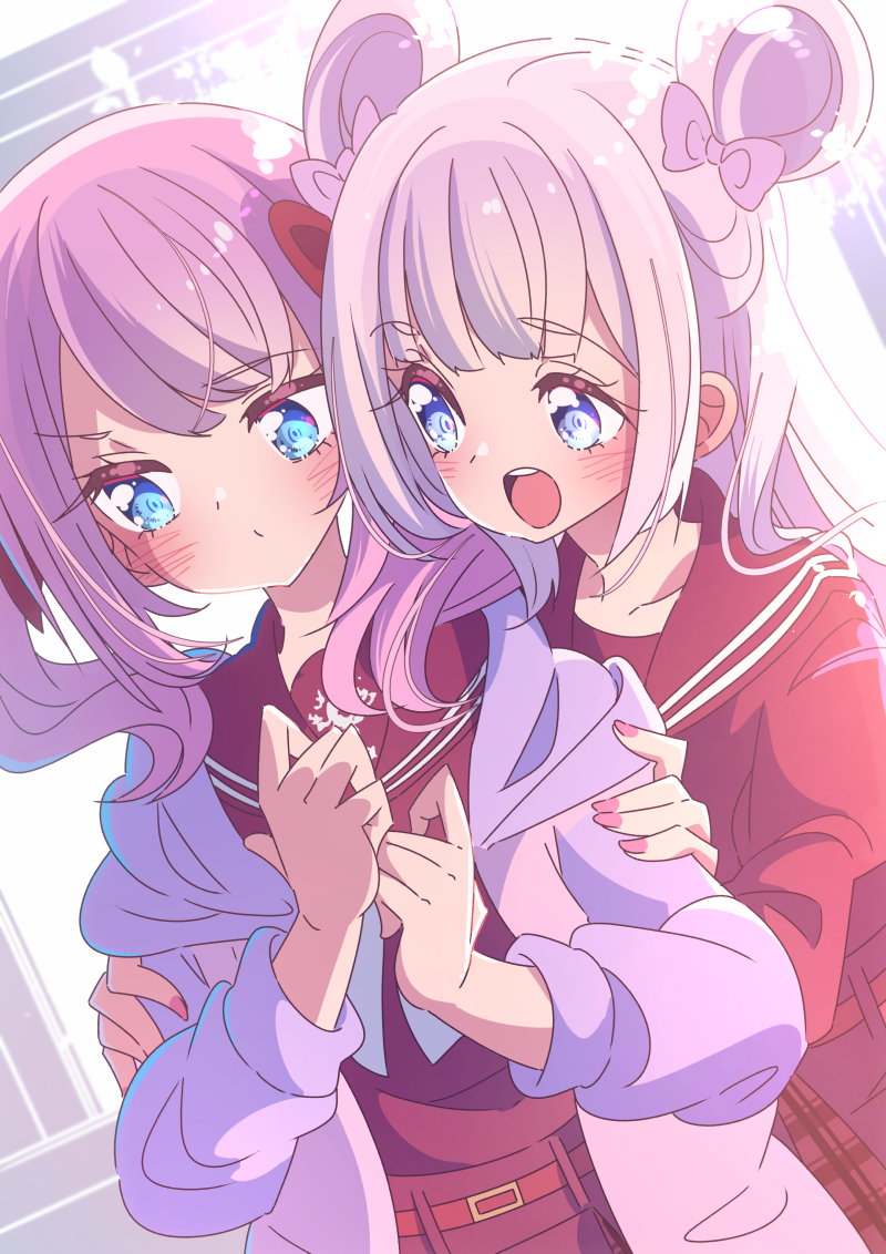 2girls :d assault_lily averting_eyes behind_another belt belt_buckle blue_eyes blush borrowed_clothes bow bowtie buckle commentary_request double_bun dutch_angle fingernails grey_background hair_bow hair_bun hands_on_another's_arms hands_up heads_together honkawa_works hood hood_down hooded_jacket jacket kanba_girls_high_school_uniform long_hair long_sleeves looking_at_another looking_to_the_side multicolored_clothes multicolored_jacket multiple_girls open_clothes open_jacket open_mouth own_hands_together pink_bow pink_hair pink_jacket purple_jacket raised_eyebrow red_belt red_bow red_sailor_collar red_shirt red_skirt sadamori_himeka sailor_collar school_uniform serafuku shirt sideways_glance skirt smile standing tanba_akari teeth twintails two-tone_background upper_body upper_teeth_only white_background white_bow white_bowtie