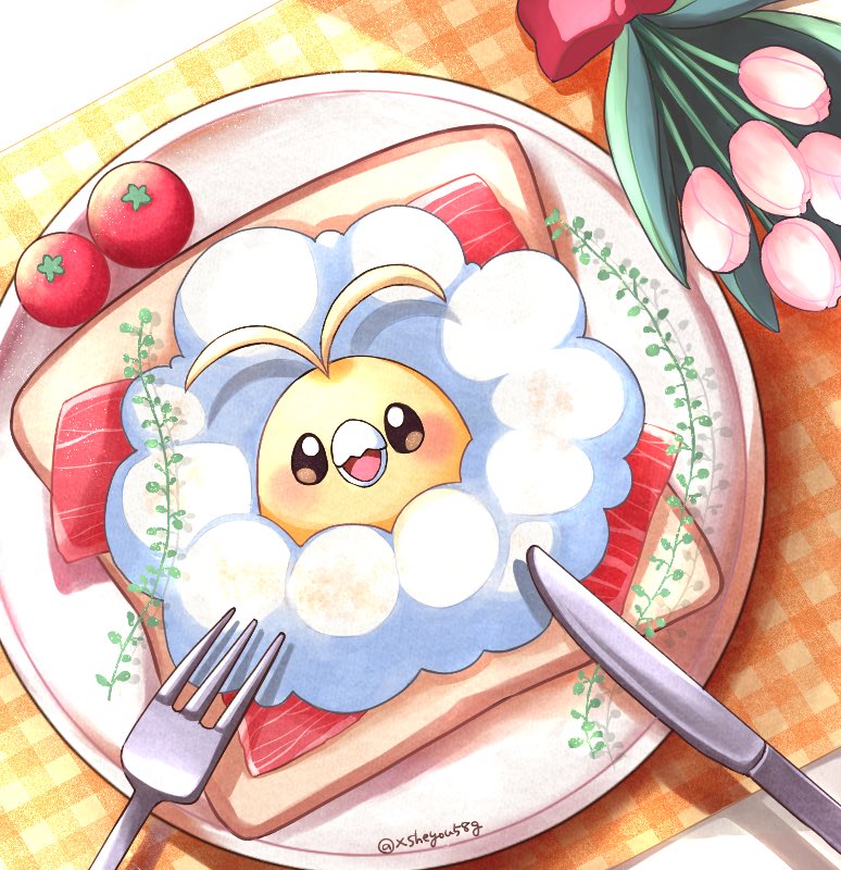 alternate_color animal_focus antenna_hair bird blush bread butter_knife clouds colored_skin commentary_request flower food fork looking_at_viewer meat mochopaccho no_humans plate pokemon pokemon_(creature) shiny_pokemon solid_oval_eyes solo swablu tomato twitter_username yellow_skin
