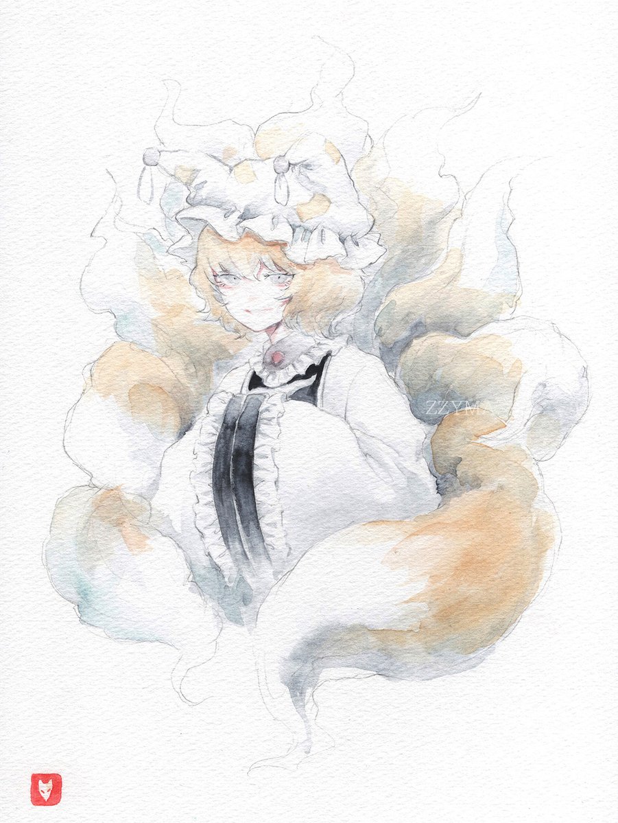 1girl animal_ears blonde_hair commentary_request cropped_torso fox_ears fox_tail frills grey_eyes grin hands_in_opposite_sleeves hat johnalay long_sleeves looking_at_viewer mob_cap multiple_tails painting_(medium) parted_lips short_hair simple_background smile solo tail touhou traditional_media upper_body watercolor_(medium) white_background wide_sleeves yakumo_ran