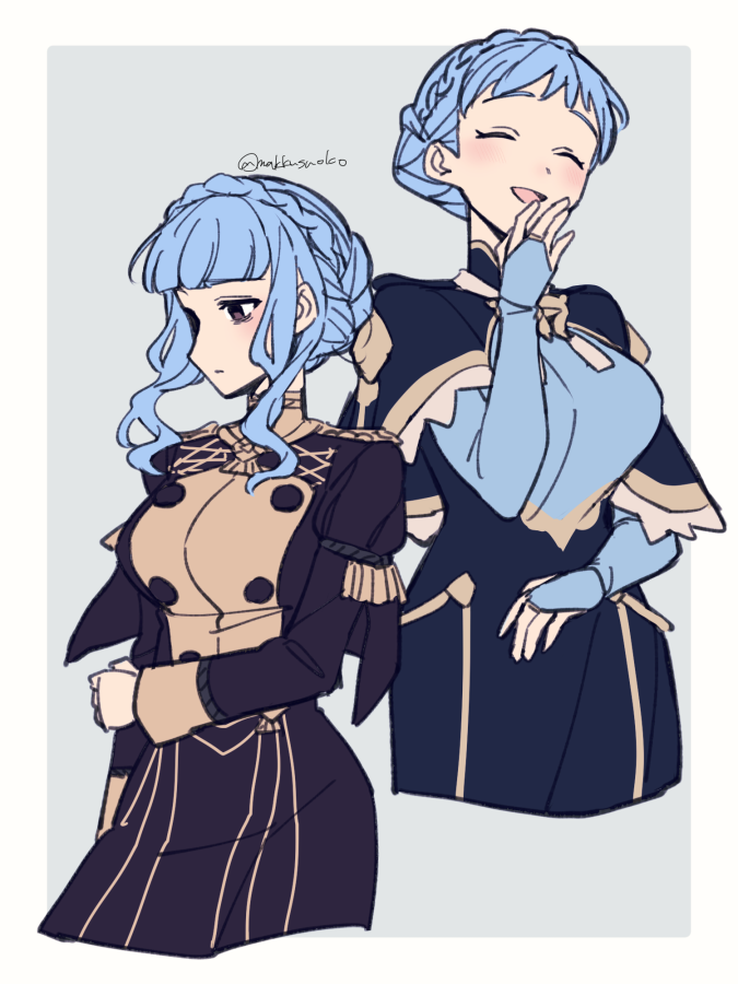 2girls artist_name before_and_after blue_hair breasts brown_eyes closed_mouth do_m_kaeru fire_emblem fire_emblem:_three_houses frown garreg_mach_monastery_uniform grabbing_own_arm hair_bun hand_to_own_mouth large_breasts laughing marianne_von_edmund multiple_girls official_alternate_costume smile