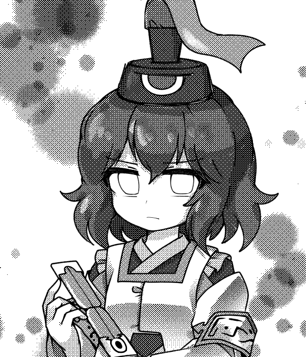 1other androgynous closed_mouth commentary detached_sleeves english_commentary eye_of_senri greyscale hat japanese_clothes kariginu kimono len'en long_sleeves looking_at_viewer monochrome ofuda ofuda_on_clothes other_focus screentones senri_tsurubami serious short_hair solo tate_eboshi upper_body v-shaped_eyebrows websci_3357