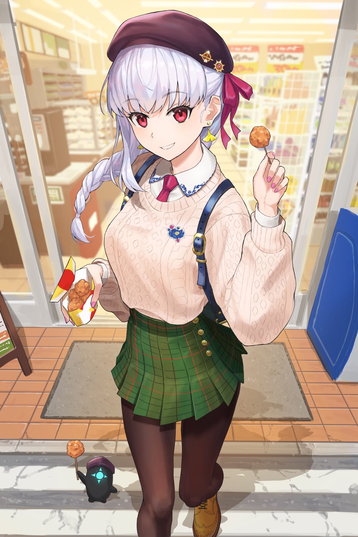 1girl asymmetrical_sidelocks badge bag beret black_bag black_headwear bow braid brown_footwear brown_pantyhose button_up_skirt chicken_(food) collared_shirt convenience_store crosswalk doormat earrings fate/grand_order fate_(series) food foot_out_of_frame ginkgo_leaf green_skirt grin hat hat_bow highres holding holding_food jewelry kama_(fate) kamo_ashi lawson leaf long_hair long_sleeves looking_at_viewer necktie official_alternate_costume open_door outdoors pantyhose pink_nails plaid plaid_skirt pleated_skirt red_bow red_eyes red_necktie shelf shirt shop single_braid skirt smile solo standing sweater white_hair white_shirt