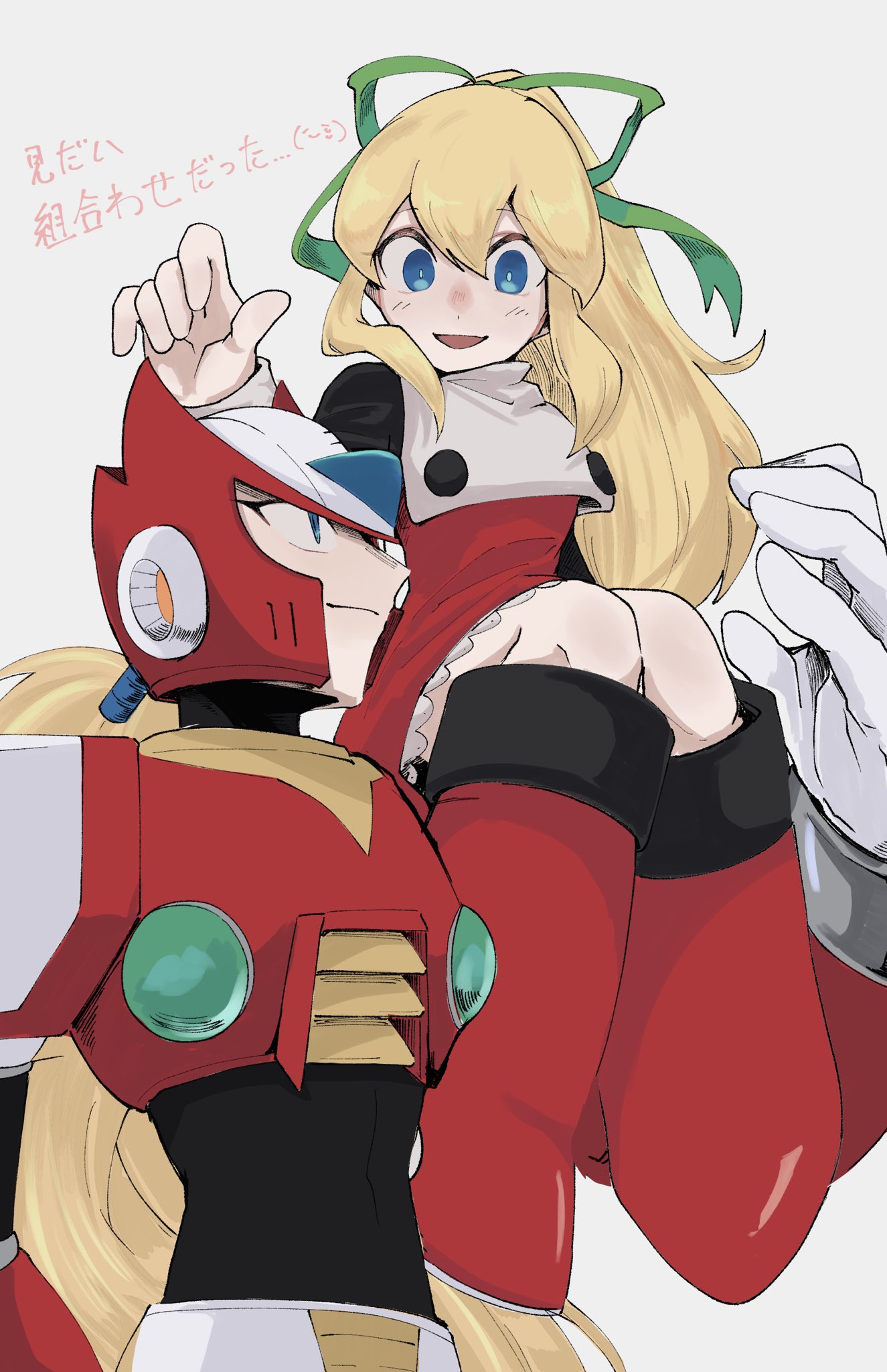 1boy 1girl android blonde_hair blue_eyes commentary hair_ribbon helmet highres in-franchise_crossover ktmckpp mega_man_(classic) mega_man_(series) mega_man_x_(series) on_shoulder ribbon roll_(mega_man) simple_background smile symbol-only_commentary translation_request zero_(mega_man)