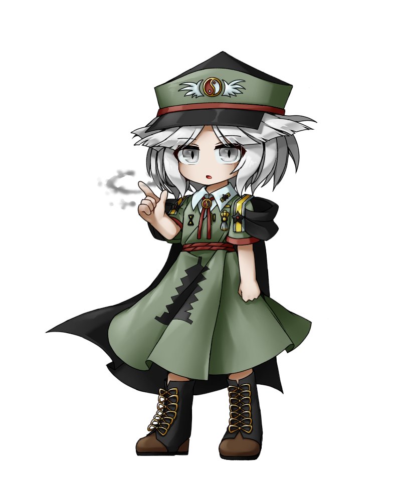 1other androgynous black_cape black_footwear boots cape collared_shirt commentary_request dress finger_gun fujiwara_no_shirogane_no_sanra full_body green_dress green_headwear grey_eyes grey_hair hand_up hat len'en looking_at_viewer open_mouth other_focus shirt short_hair simple_background solo websci_3357 white_background white_shirt